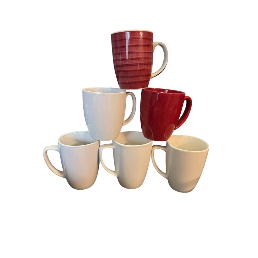 Set Of 6  Stoneware Mugs In White & Red